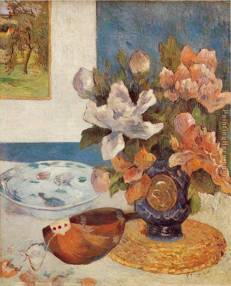 Still Life with Chinese Peonies and Mandolin painting - Paul Gauguin Still Life with Chinese Peonies and Mandolin art painting